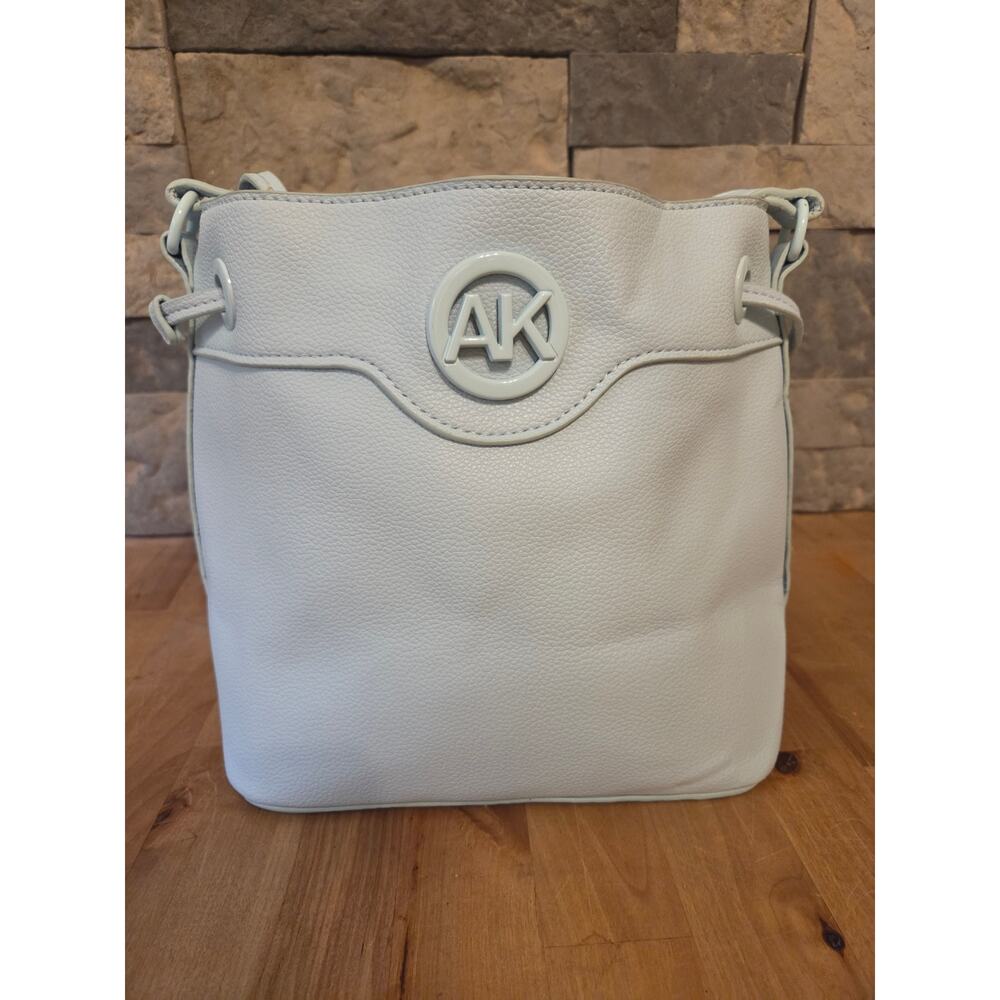 Anne Klein Camille Bucket Bag Crossbody Aqua Fog Blue Pebbled Vegan Leather .